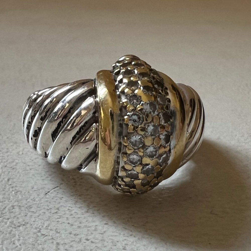 Authentic DAVID YURMAN Pave Diamond Shirmp Cable Dome Ring - Silver & 18K Gold